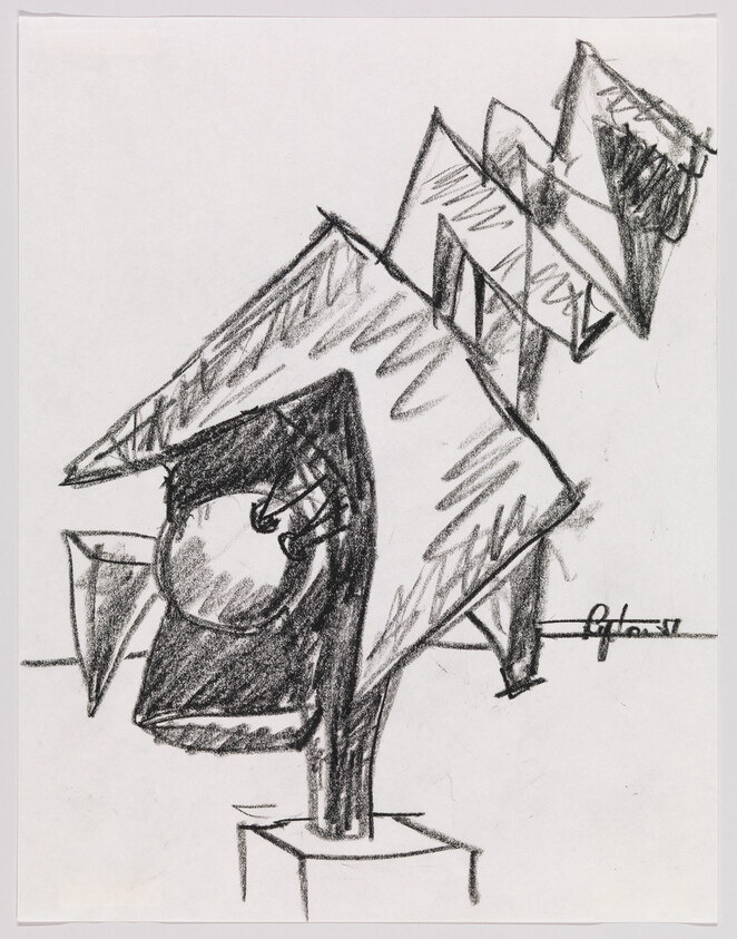 A sketch of an abstract geometric sculpture with various angular forms and shapes, drawn in charcoal on paper. The signature of the artist is visible at the bottom right corner.