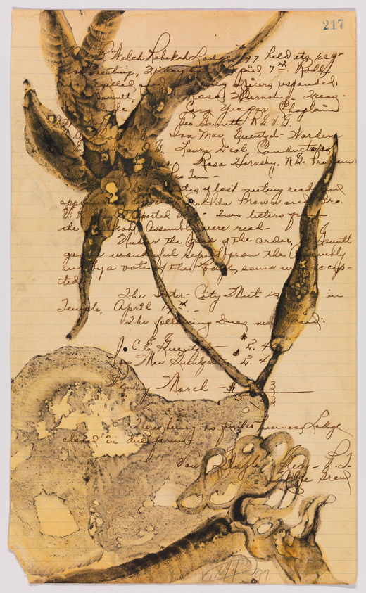 An aged, yellowed piece of lined paper with handwritten text in ink, overlaid with the sepia-toned image of a squid. The squid's body and tentacles are superimposed in such a way that they appear to be interacting with the text, creating a juxtaposition of marine life and human script. The paper shows signs of wear and staining, adding to the antique feel of the document.