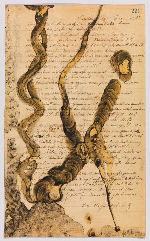 Handwritten page with brown inkblot tentacle-like stains spreading across cursive writing.
