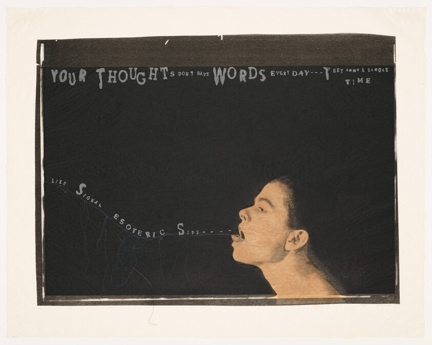 A person in profile exhales a string of words across a dark space with text above.