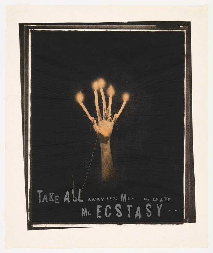 A raised hand with candle flames at each fingertip against black background, text pleading for ecstasy.
