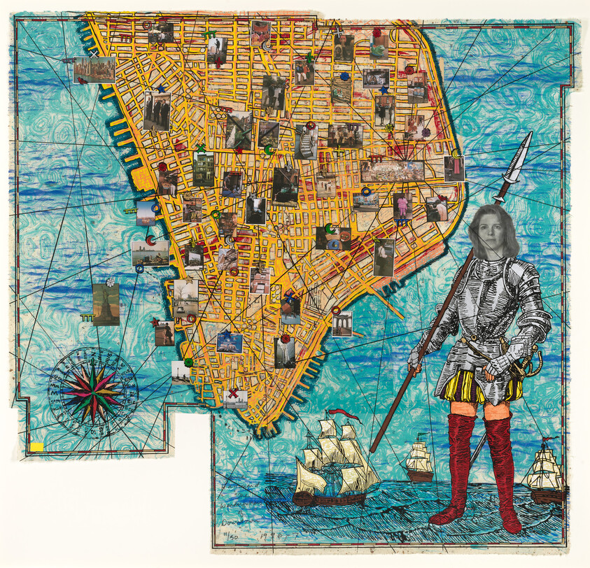 Illustrated map of Manhattan covered with pinned photos and a large armored figure holding a spear.