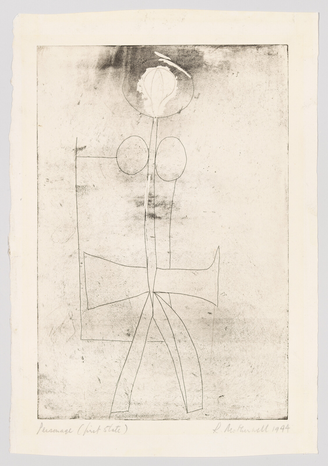 Abstract thin line figure with round head and two oval shapes standing above crossed legs.