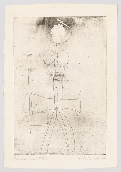Abstract thin line figure with round head and two oval shapes standing above crossed legs.