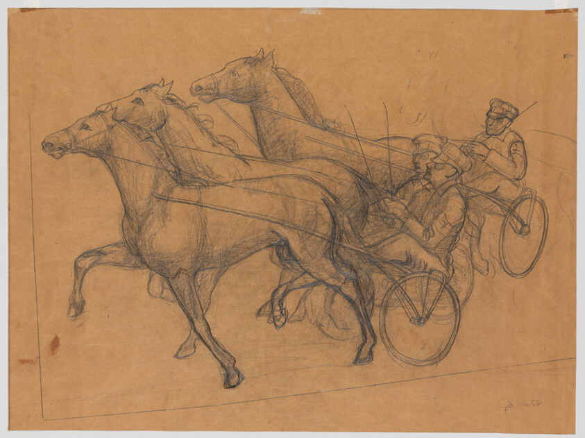 Three racing horses pull sulkies while drivers steer them in a fast-paced sketch.