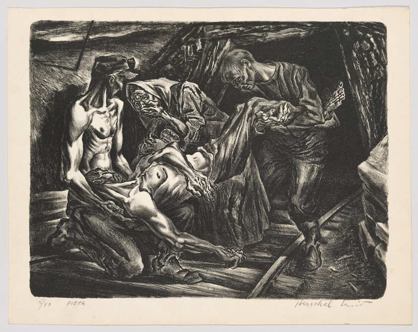 A black and white etching depicting a dramatic scene with several figures, reminiscent of a religious or historical event. The central figure appears to be a lifeless body being cradled by another figure, while others look on with expressions of grief or concern. The artwork is rich in detail and texture, conveying a sense of depth and emotion. The word "PIETA" and the artist's signature are visible at the bottom.