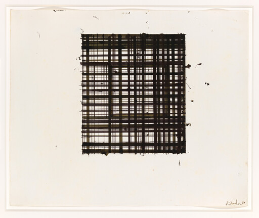 A dense square grid of black intersecting lines sits centered on a white sheet with drips.