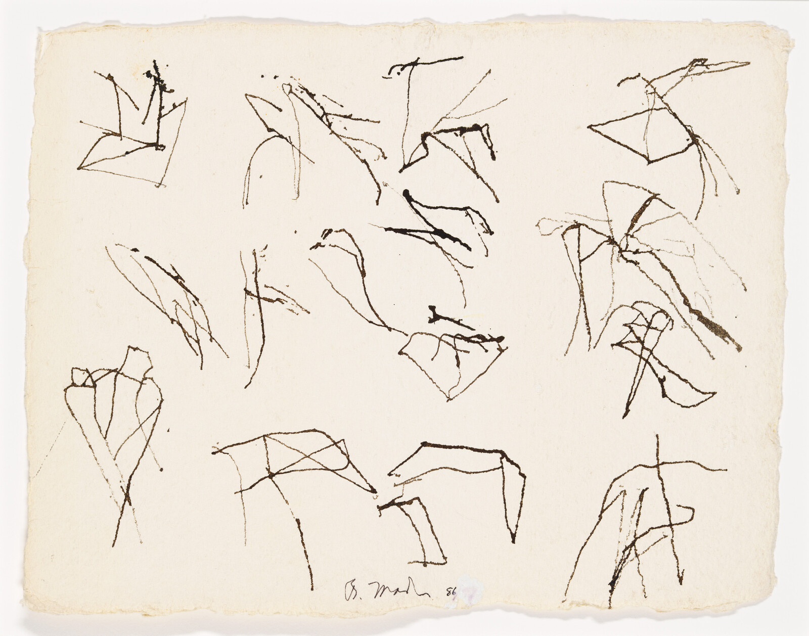Twelve small abstract ink sketches of angular lines arranged across a worn sheet of paper.