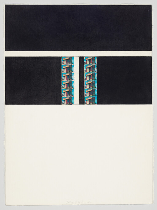 Two narrow vertical strips of repeating turquoise balconies interrupt a large black and white geometric composition.