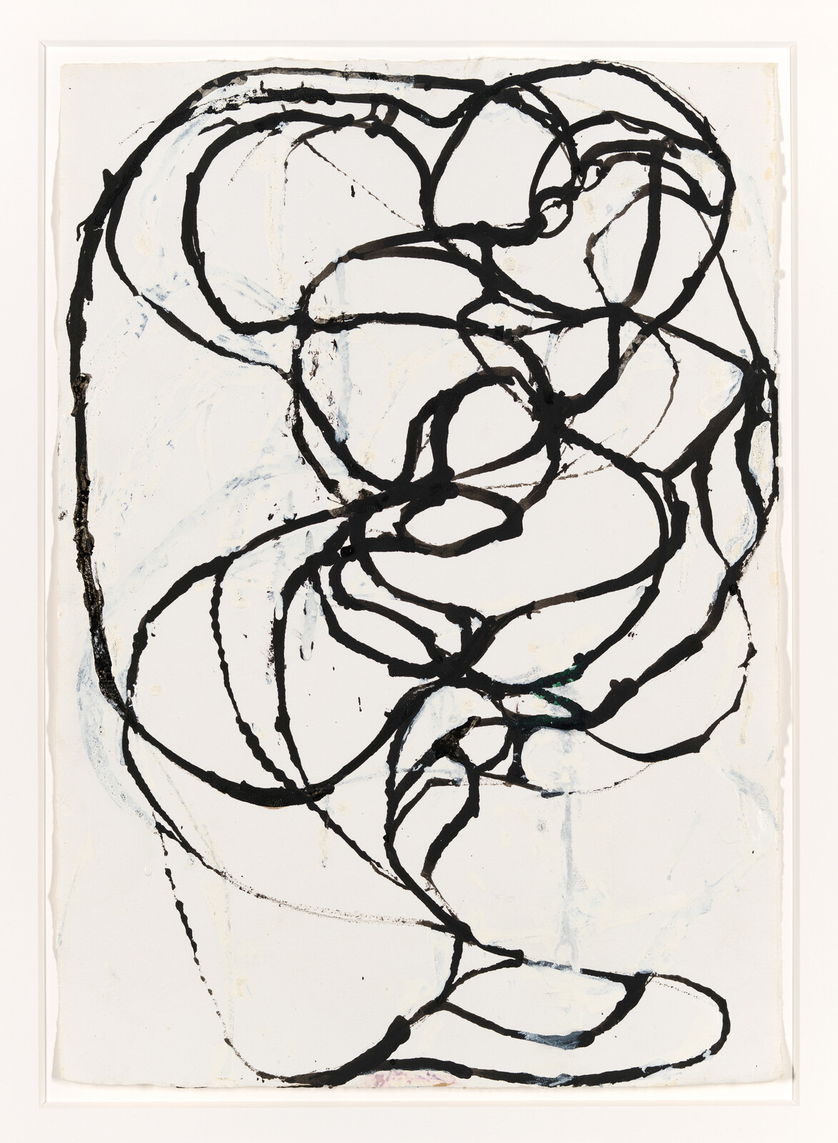 Black looping ink lines form an abstract tangled pattern on a white background.
