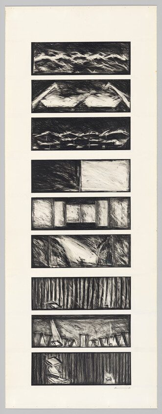Nine stacked black-and-white abstract rectangular panels showing landscapes, shapes, and interior scenes.