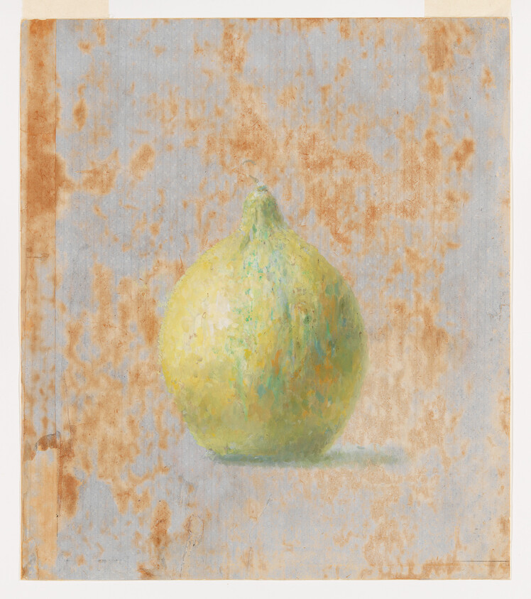 A single yellow pear sits centered on a mottled, light gray and brown background.