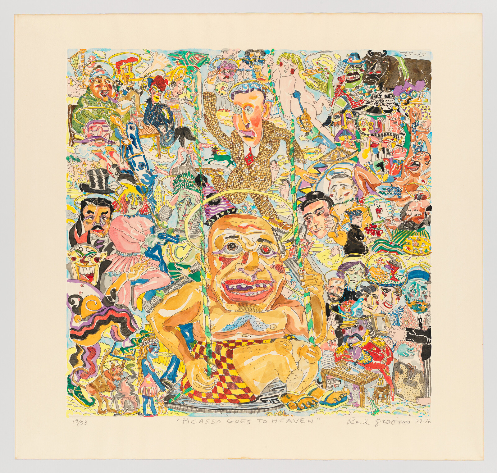 A large exaggerated seated figure in checkered cloth dominates a crowded, chaotic collage of colorful characters.