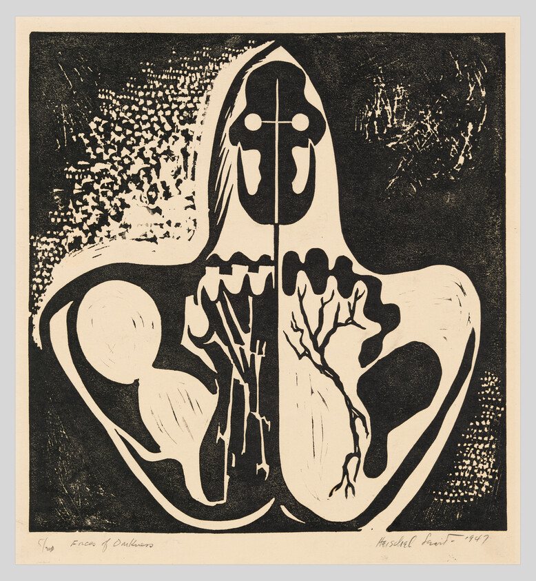 Black and white abstract print with a central figure resembling a cross and organic shapes, signed and dated 1947.