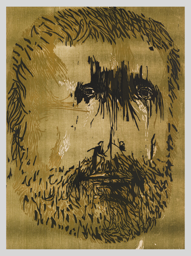 Close-up stylized gold and black portrait of a bearded man's face with dark, dripping eyes.