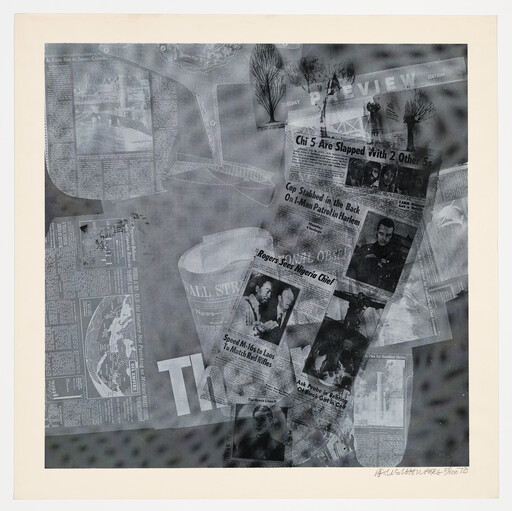 Layered black-and-white newspapers and headlines arranged in a collage with visible photos.