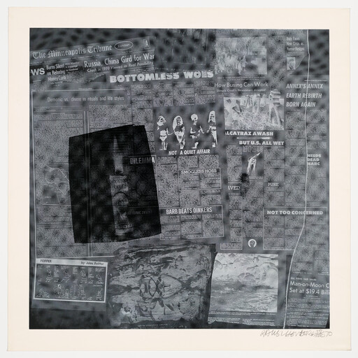 Black-and-white collage of newspaper clippings featuring a prominent headline reading "Bottomless Woes."