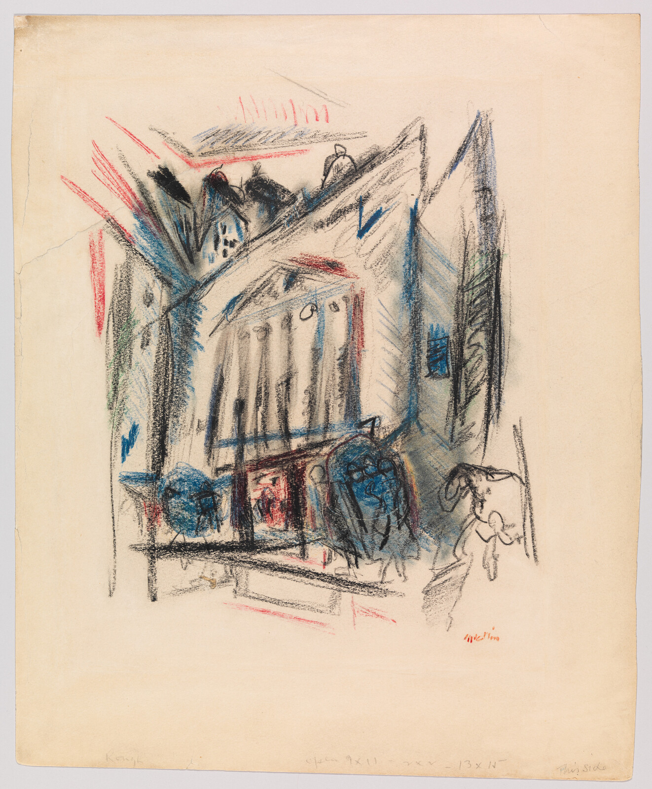 Loose charcoal and pastel sketch of a tall building with columns and nearby pedestrians.