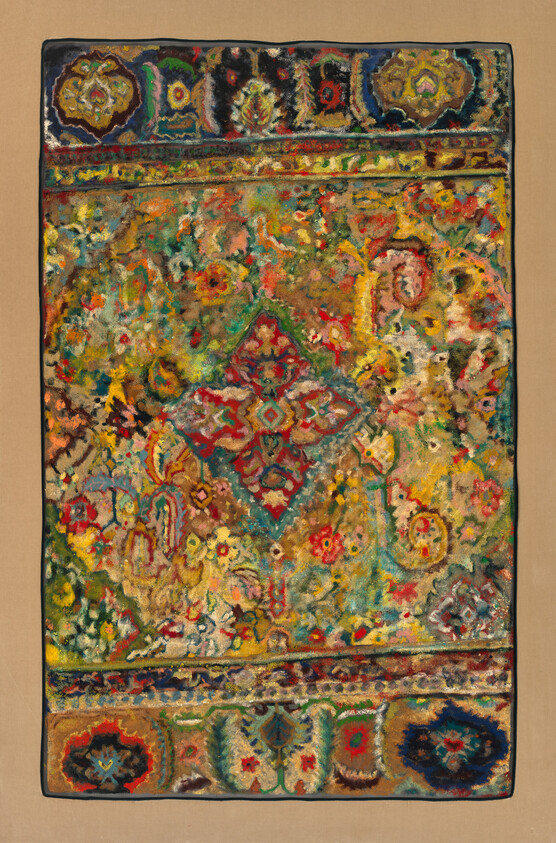 A colorful ornate rug with a central red medallion and intricate floral patterns.