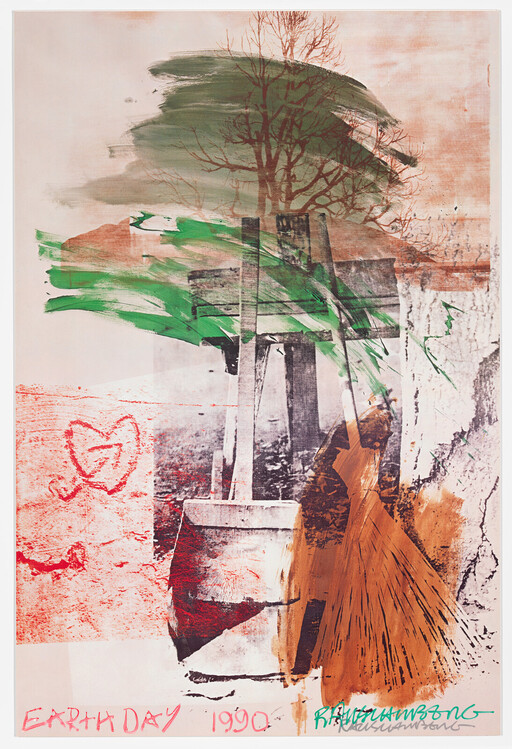 A mixed-media collage showing a tree, green brushstrokes, broom and bucket with "Earth Day 1990" text.