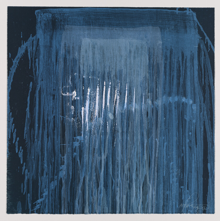 Abstract blue painting with vertical paint drips and lighter streaks creating waterfall-like texture.