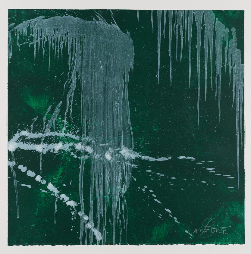 Large pale gray drip streaks run down a dark green background with scattered white splatters.