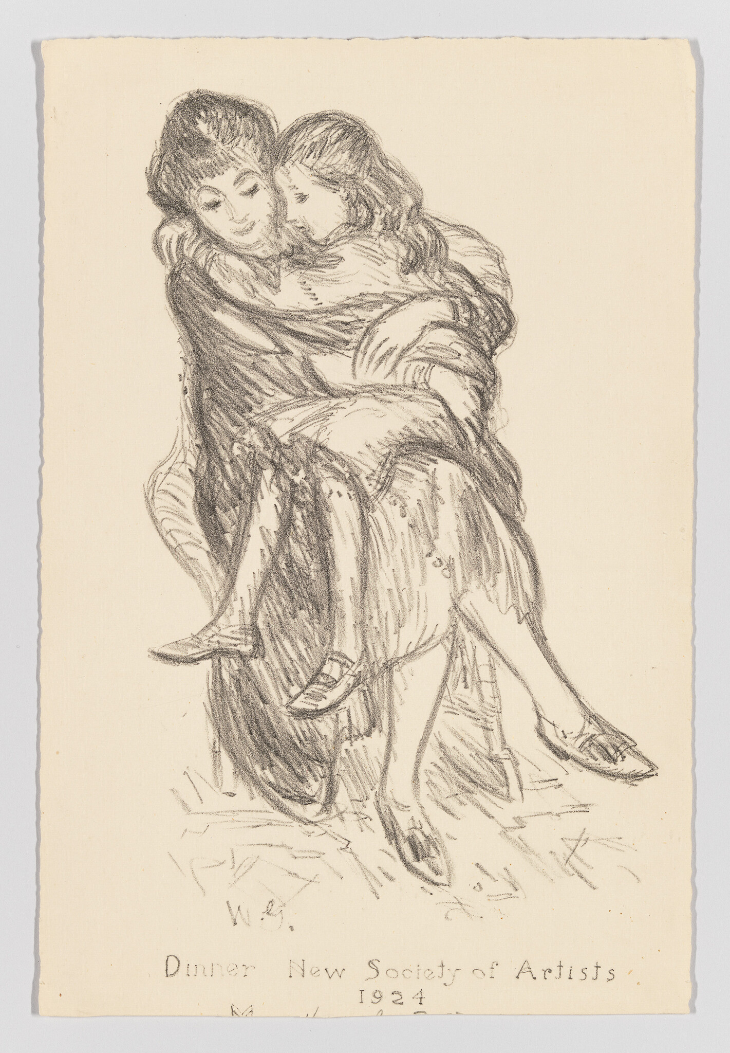 Pencil sketch of two figures embracing, with one figure's head resting on the other's shoulder. Both are wrapped in a single large cloak, and the standing figure's legs are crossed, with one foot lifted slightly off the ground. The drawing is on aged paper with text at the bottom indicating the artist and a date of 1924.