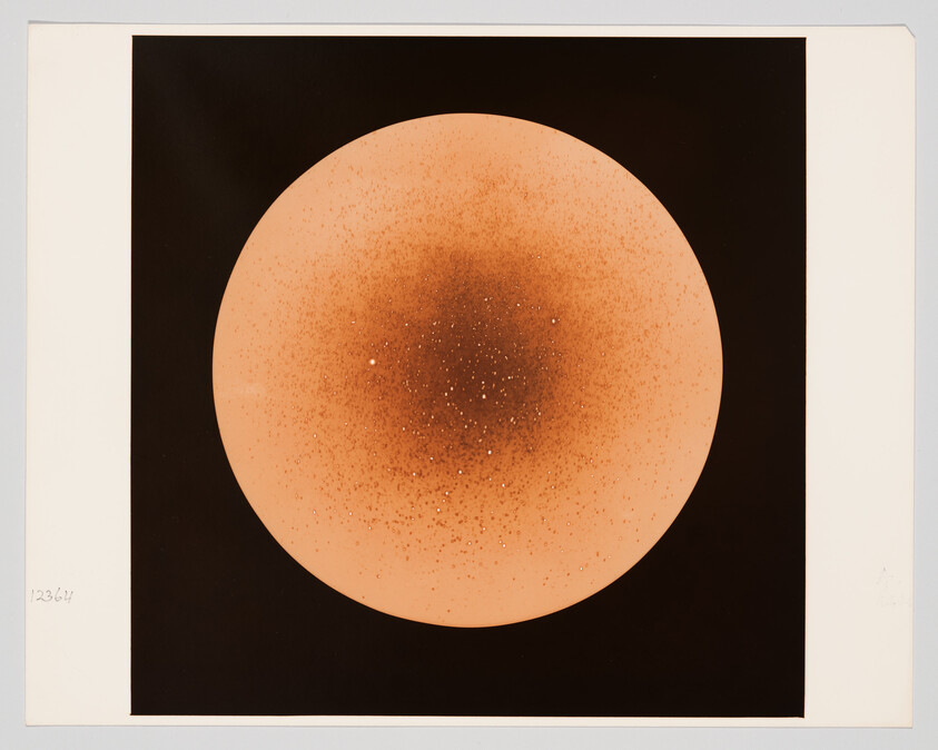 Large orange circle with a dark, speckled center against a black background.