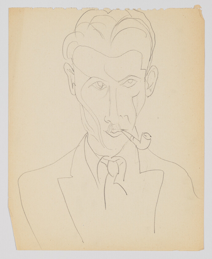 A simple pencil portrait of a man in a suit smoking a pipe with a serious expression.