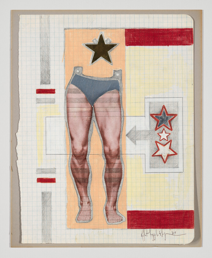 A colored drawing of a person's legs and hips on grid paper with stars and arrows.