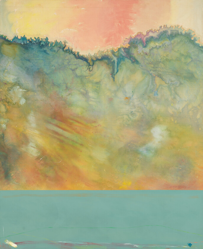 Abstract painting with a textured blend of colors, featuring a warm-toned, sun-like glow at the top, transitioning into a complex mix of greens, blues, and earthy tones that suggest a natural landscape, all above a calm, flat teal band at the bottom that could represent water.