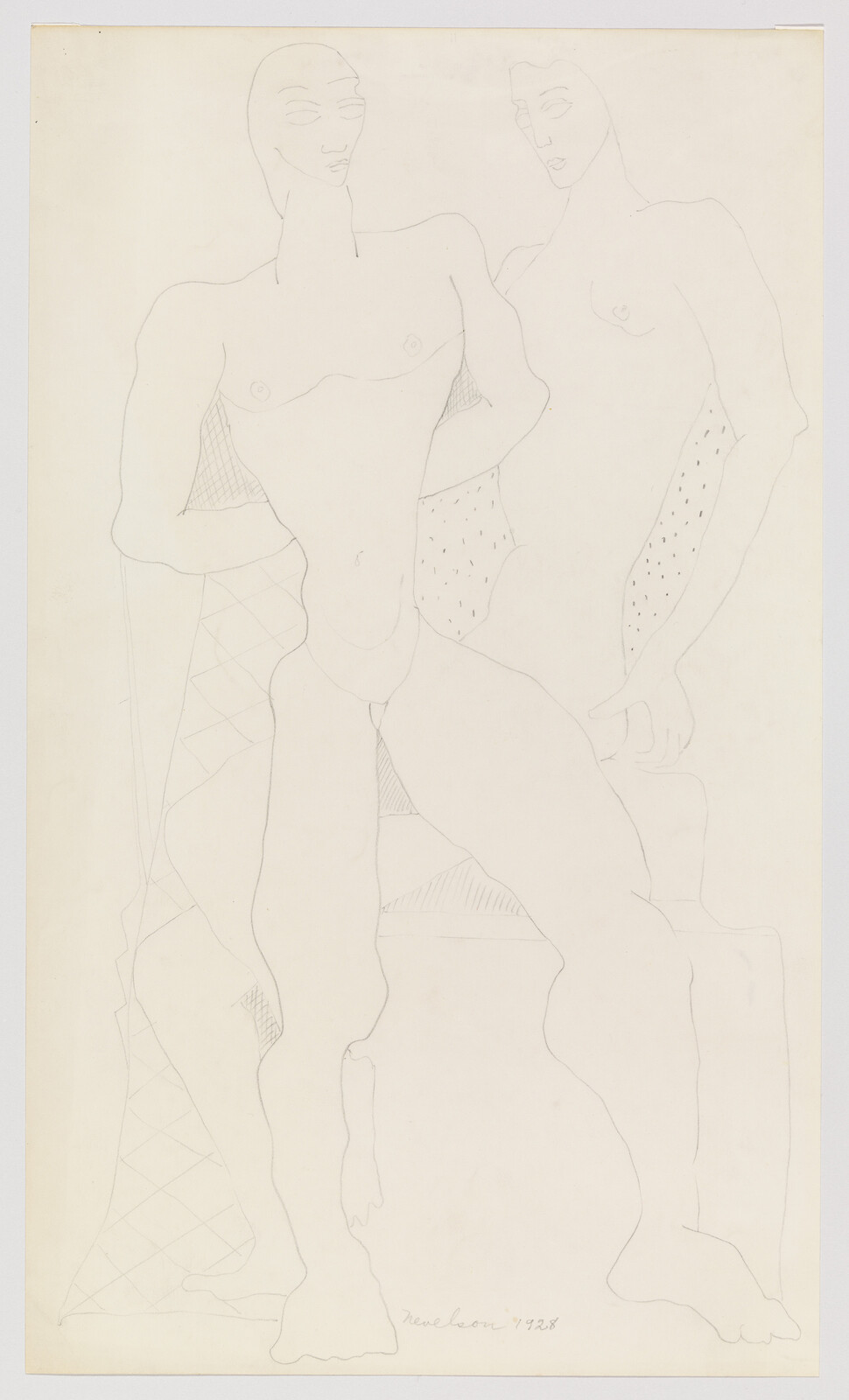 Two elongated nude figures stand side by side, drawn with simple pencil outlines.