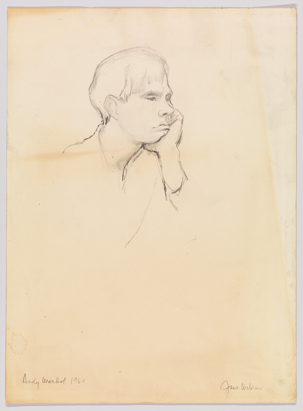 Young boy resting his chin on his hand in a simple pencil sketch, looking thoughtful.