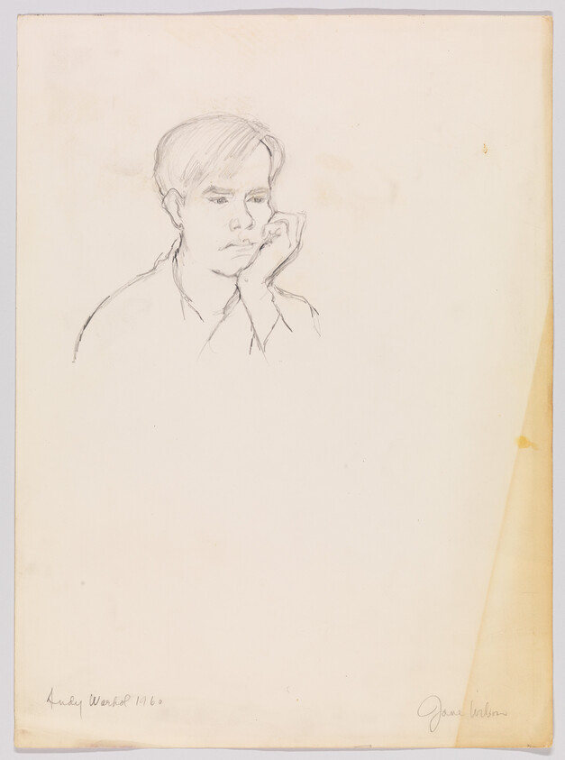 A simple pencil sketch of a young man resting his chin on his hand, looking pensive.