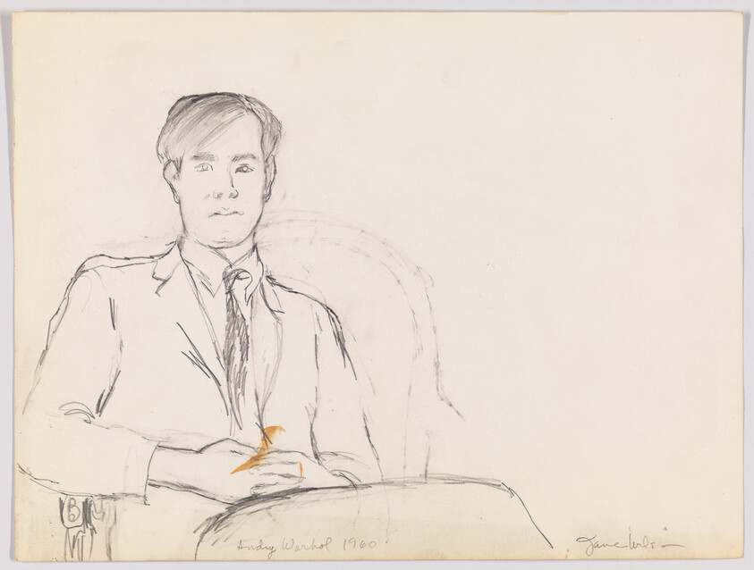 A loose pencil sketch of a seated man in a suit resting hands with a small orange mark.