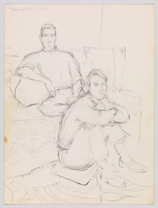 Two men sit in a simple pencil sketch, one on a couch and one hugging his knees on the floor.