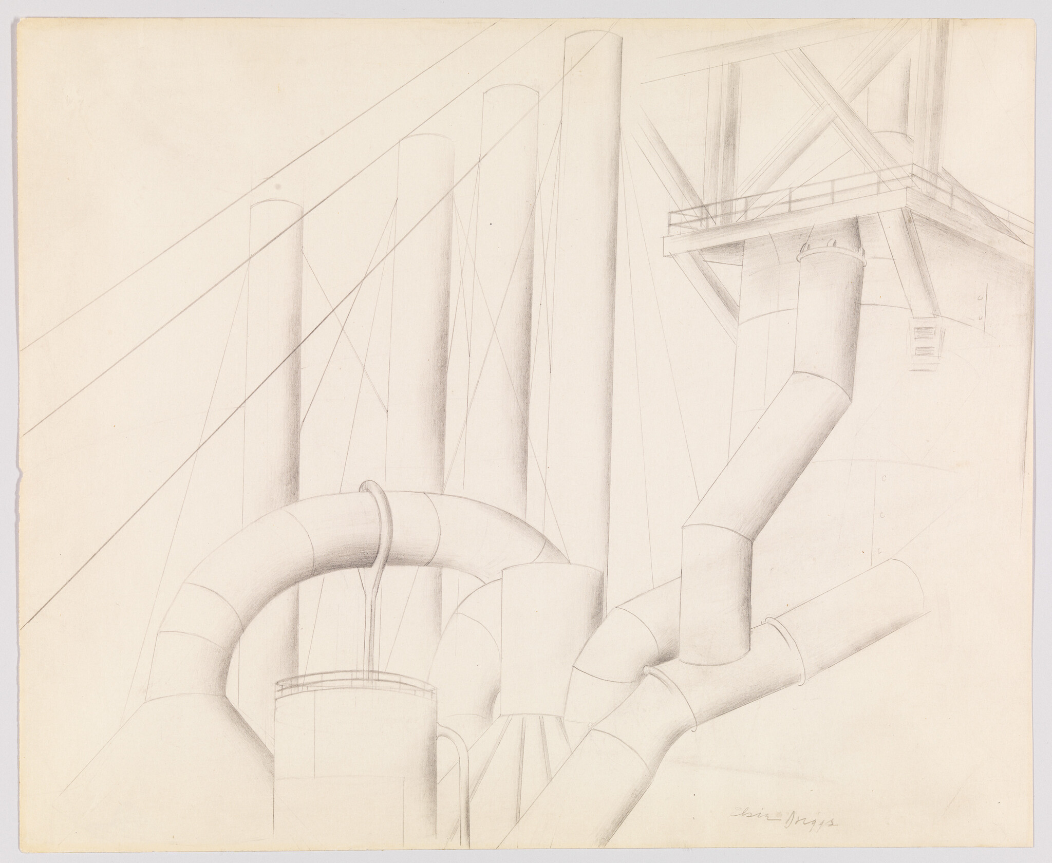 Large curved industrial pipes and tall support columns drawn in light pencil lines.