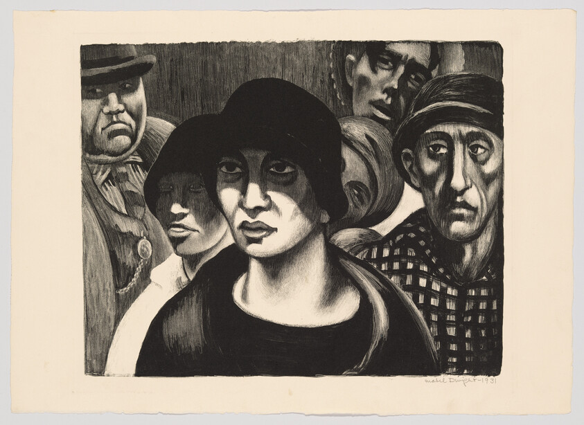 Several somber people stand closely together, a woman in a cloche hat at the center.