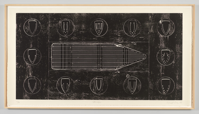 A long board with a dotted grid sits centered, surrounded by twelve circular shield designs.