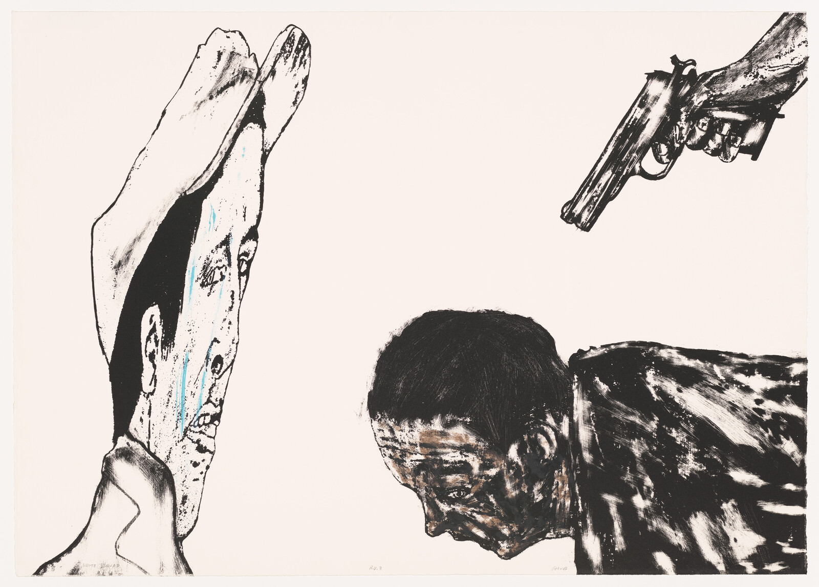 A gun is pointed at a bowed man while a tear-streaked face watches.