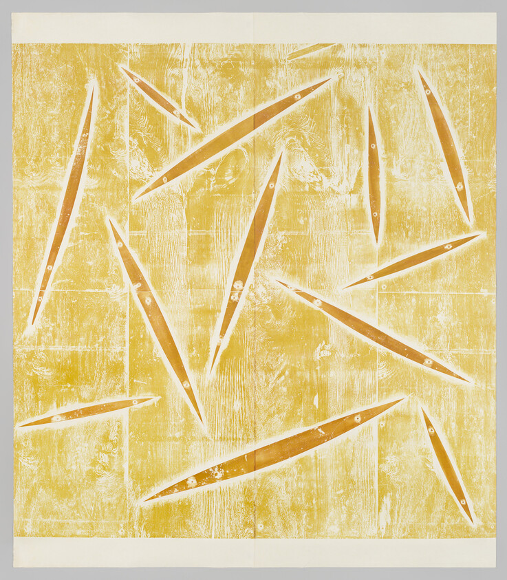 Abstract artwork featuring a series of elongated, angular shapes in a warm, golden hue set against a textured, yellow background. The shapes resemble stylized shards or fragments scattered across the canvas.