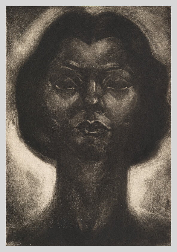 Dark charcoal portrait of a woman's face and long neck with soft halo of light.