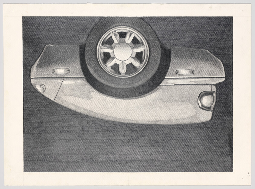 Upside-down drawing of a car rear bumper with a mounted spare tire and tail light.