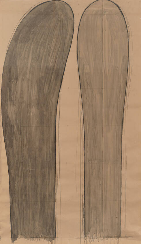 Two tall, rounded vertical gray shapes painted on a beige background, resembling abstract columns.