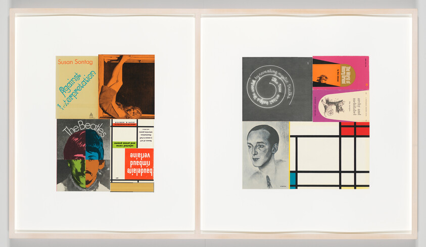 Two framed graphic collages showing colorful book and album cover fragments and a monochrome portrait.