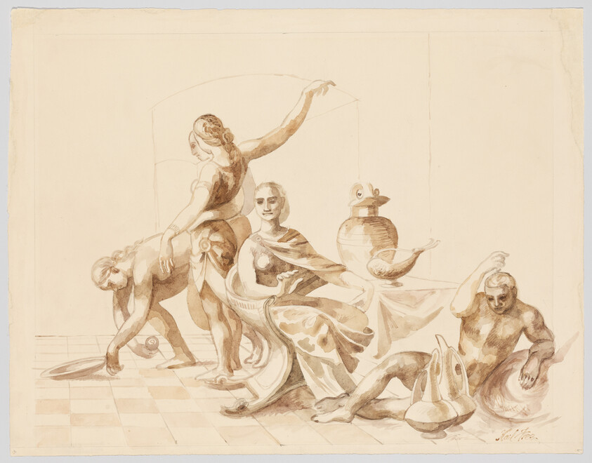 A seated woman and three attendants pose among large pottery while one woman raises her arm.