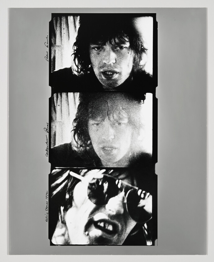Three black-and-white film-strip portraits of a man, close-ups above and a sunglassed, cigarette-holding face below.