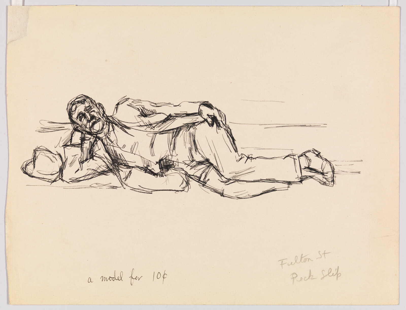 A rough pen sketch of a man reclining on his side with one arm supporting his head.