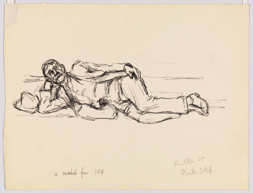 A rough pen sketch of a man reclining on his side with one arm supporting his head.