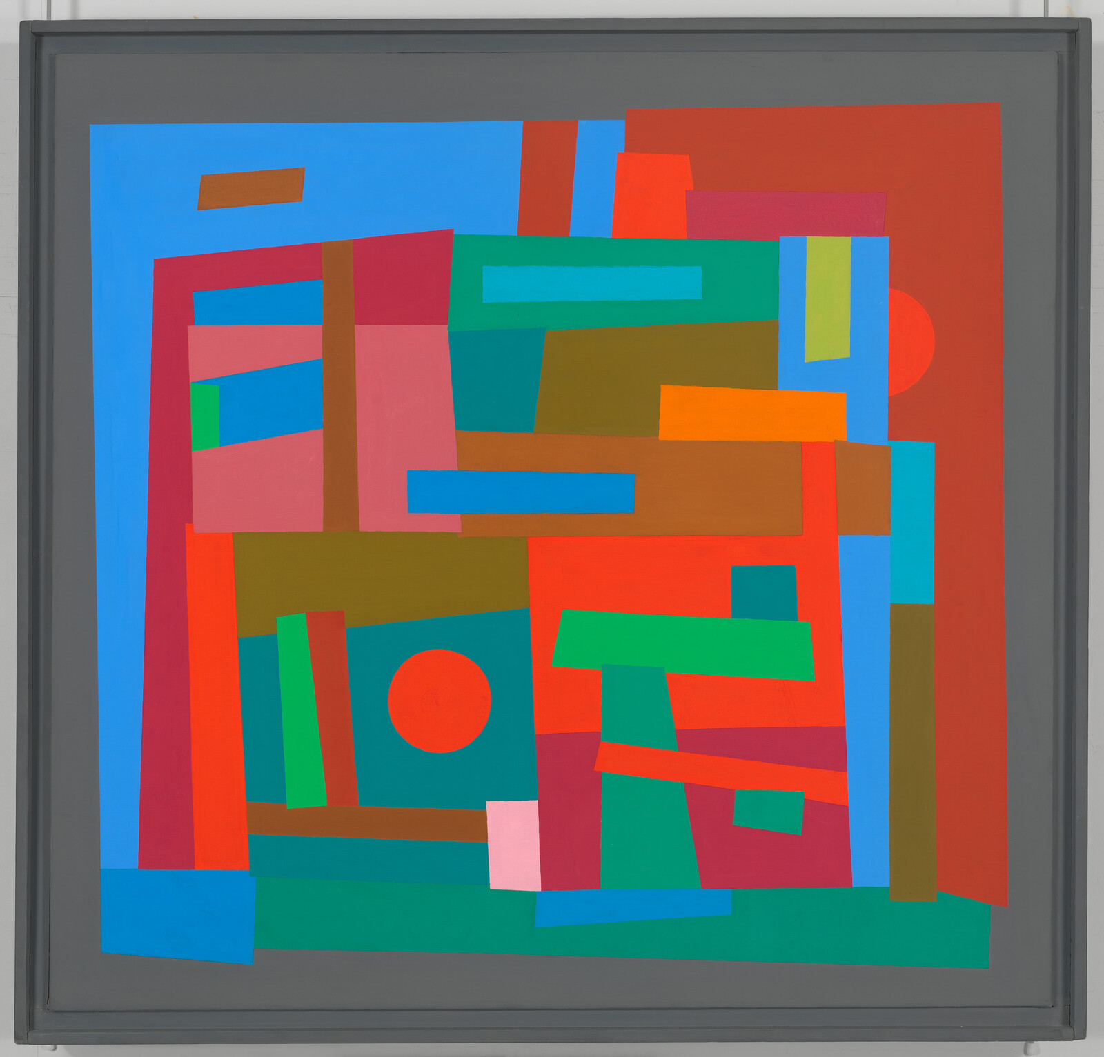 Bright abstract painting of overlapping colored rectangles and a red circle in a gray frame.